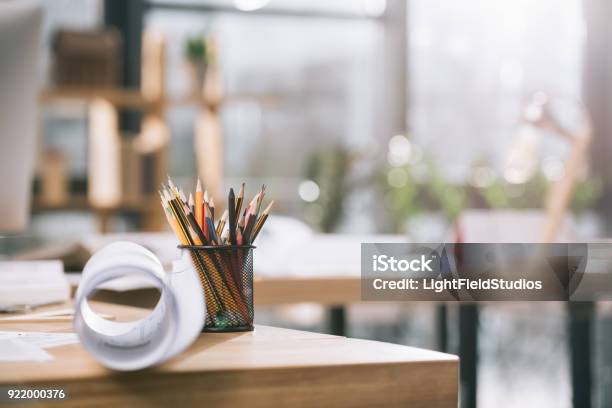 Blueprint And Pencils On Table In Modern Architect Office Stock Photo - Download Image Now