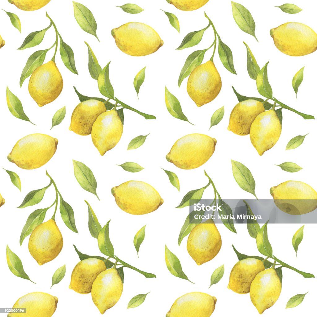 Seamless pattern with watercolor lemons and green leaves isolated on white background Seamless pattern with watercolor lemons and green leaves isolated on white background. For design, print, textile and more Lemon - Fruit stock illustration