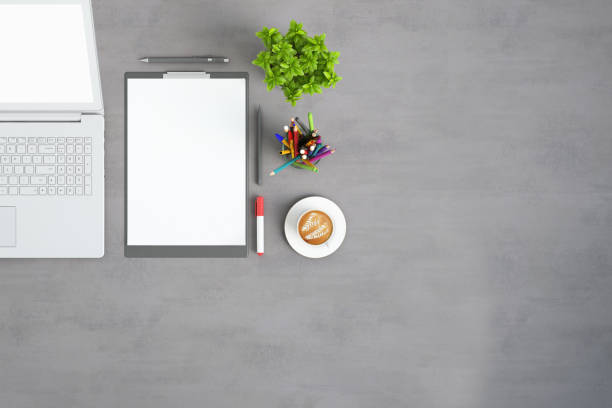 istock Knolling top view office table with laptop 922003378