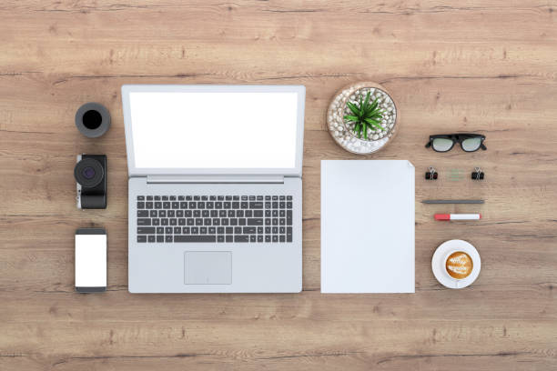 istock Knolling top view office table with laptop 922003572