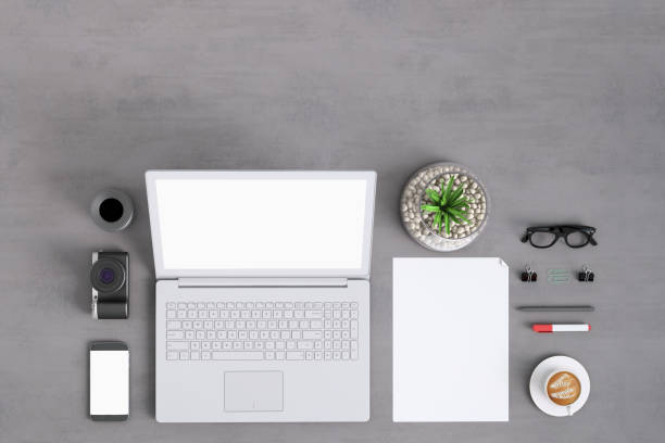 istock Knolling top view office table with laptop 922003856