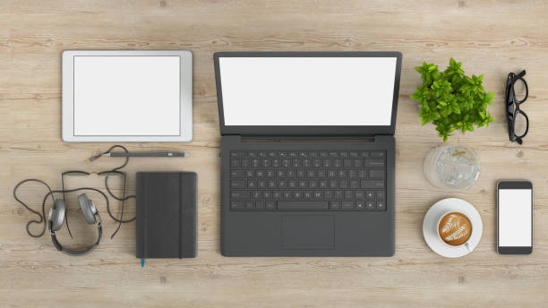 istock Knolling top view office table with laptop 922004196