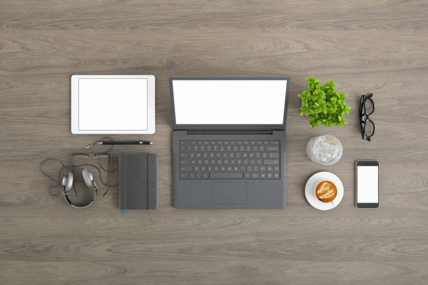 istock Knolling top view office table with laptop 922004230