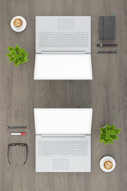 istock Knolling top view office table with laptop 922004268