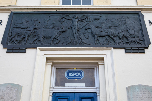 LONDON, UK - 16TH FEBRUARY 2017: An embossed plaque on the facade of the Animal War Memorial Dispensary in Kilburn, London, on 16th February 2017.