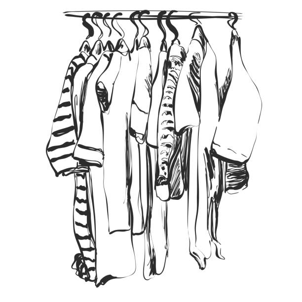 нарисованный вручную эскиз гардероба. детская одежда от голода - child clothing arrangement hanger stock illustrations