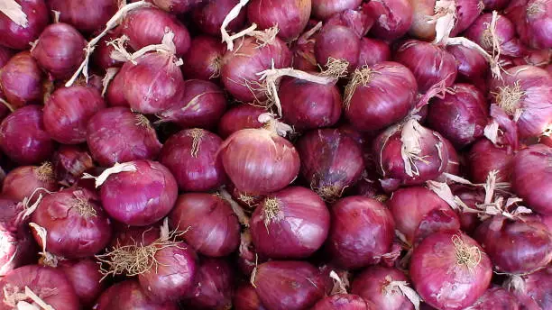 display of onions on a Greek market