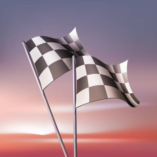 Checkered vector flags Checkered vector flags for fan and competitions. Isolated on landscape background. checkered flag waving stock illustrations