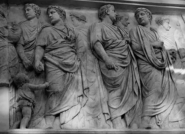 Ara Pacis: Detail of the processional frieze showing members of the Senate (north face)