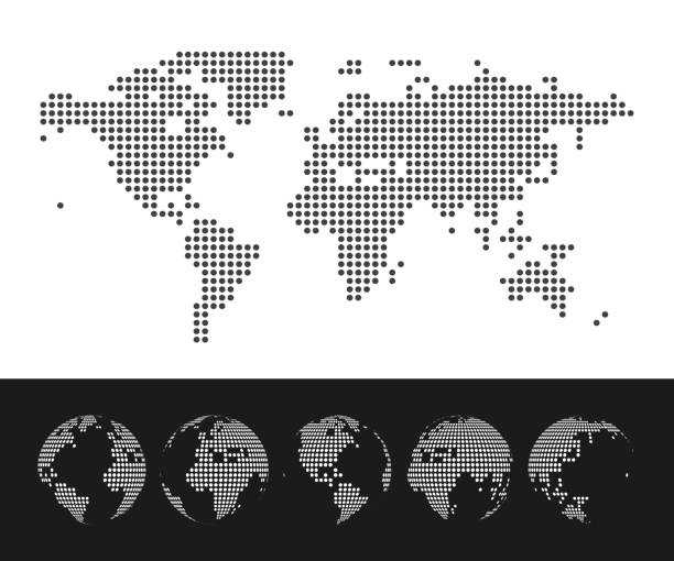 vektor gepunktete karte und globus der welt - global finance communication globe finance stock-grafiken, -clipart, -cartoons und -symbole