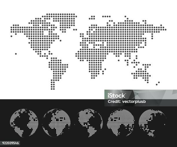 Vetores de Mapa Pontilhado De Vetor E Globo Do Mundo e mais imagens de Pontilhado - Pontilhado, Mapa-múndi, Globo terrestre