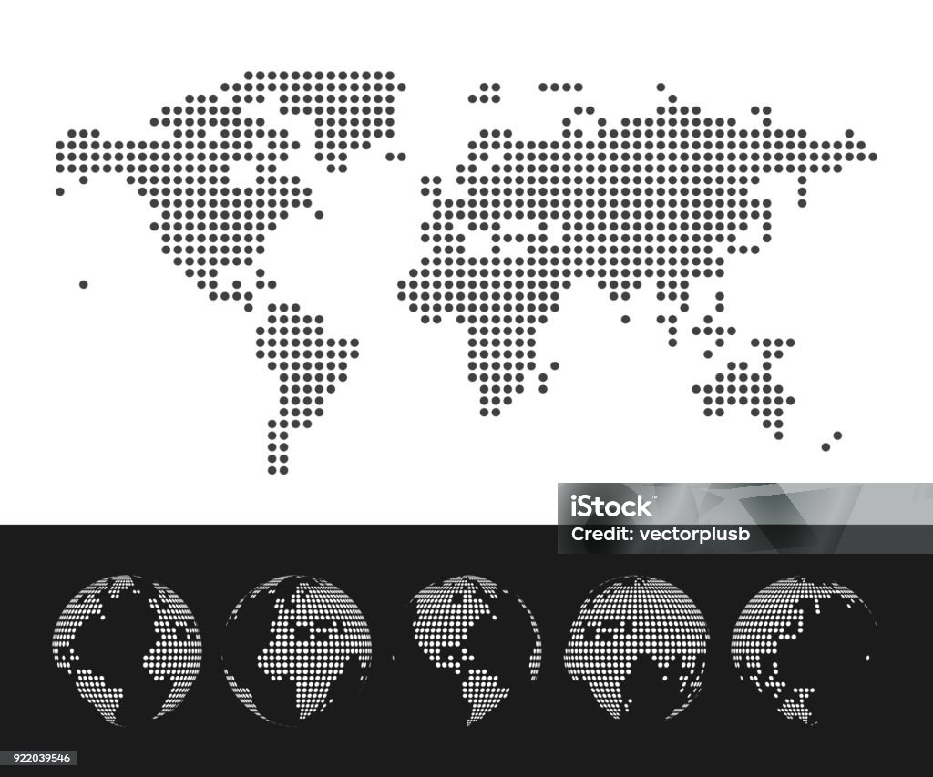 Vector dotted Map and Globe of the World Dotted World Map and Globe set. Vector illustration Spotted stock vector