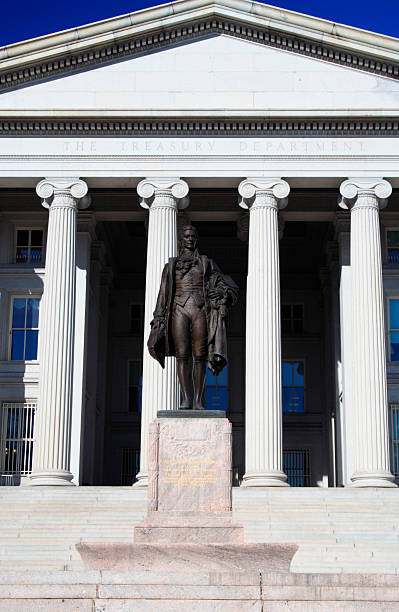 istock U.S. Treasury building and monument of Alexander Hamilton 92205748