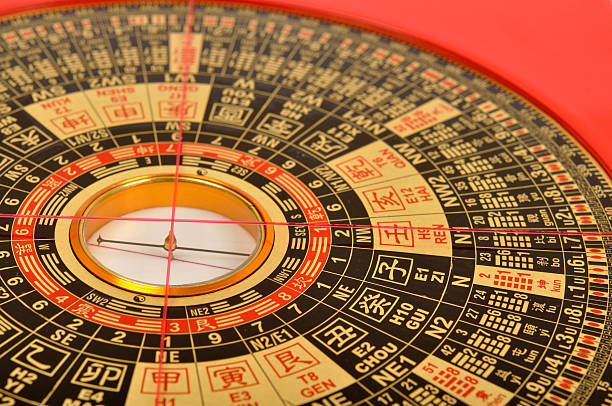 Close-up of a Chinese Feng Shui compass Close-up of a Chinese 'Lo Pan' compass, used in Feng Shui analysis. chinese script photos stock pictures, royalty-free photos & images