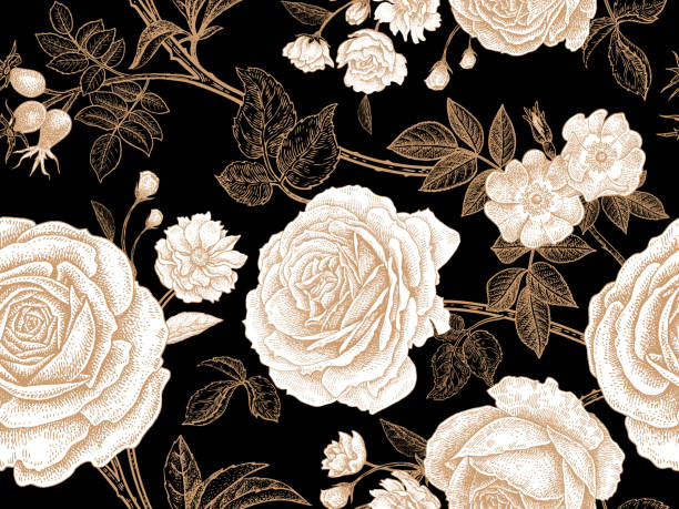 nahtlose muster mit rosenblüten. - seamless flower paper rose stock-grafiken, -clipart, -cartoons und -symbole