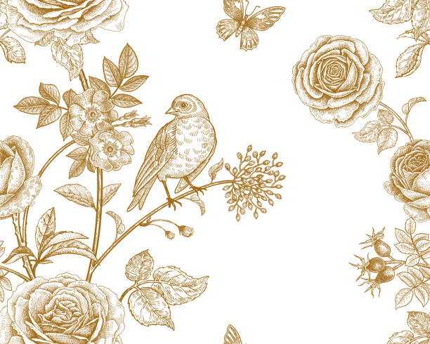 nahtlose muster mit garten, blumen und vögel. - butterfly backgrounds seamless pattern stock-grafiken, -clipart, -cartoons und -symbole