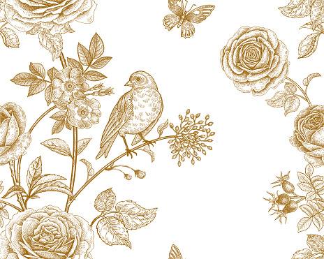 Garden flowers roses, peonies and dog rose, bird and butterflies. Floral vintage seamless pattern. Gold and white. Victorian style. Vector illustration. Template for luxury textiles, paper, wallpaper.