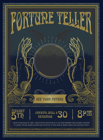 Retro vintage Fortune Teller poster advertisement design template with mystical eyes and crystal ball . Sample placement text included.