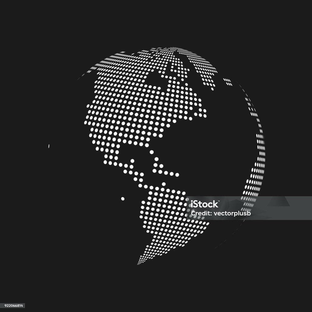 Branco pontilhado 3d globo do mapa do mundo de terra em fundo preto. Ilustração vetorial - Vetor de Globo terrestre royalty-free