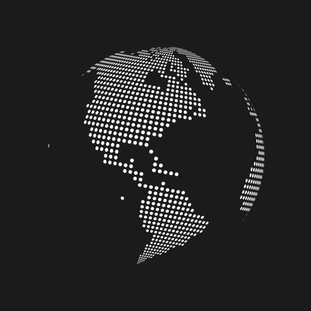 ilustrações, clipart, desenhos animados e ícones de branco pontilhado 3d globo do mapa do mundo de terra em fundo preto. ilustração vetorial - mapa brazil 3d