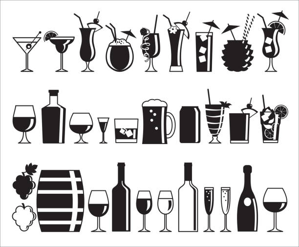 ilustraciones, imágenes clip art, dibujos animados e iconos de stock de iconos de bebidas alcohólicas  - refreshment drink drinking straw cocktail