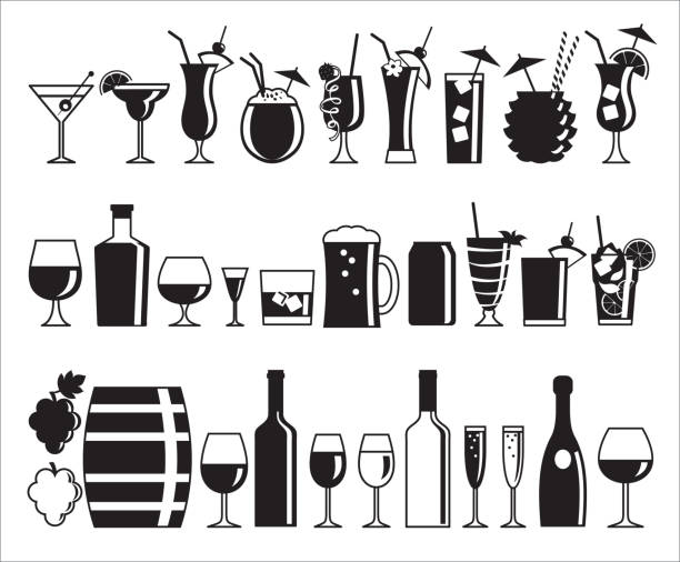 Alcohol drink icons Set of thirty-one alcohol drink icons in black and white. drink umbrella stock illustrations