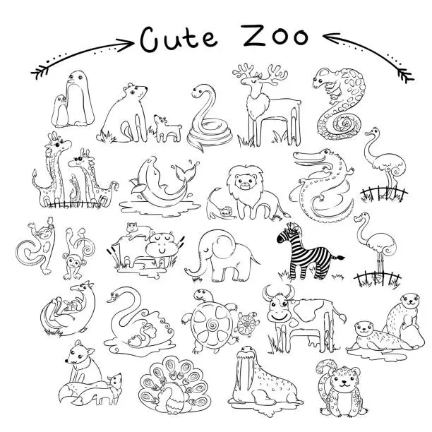 Vector illustration of Collection of cute cartoon doodle animals and birds of the world. Lined for coloring pages