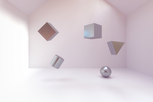 3d rendering of abstract geometry blocks in empty room