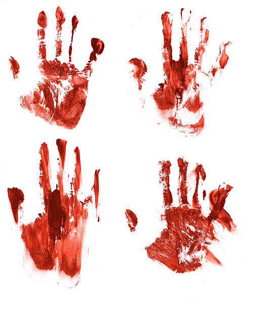 Four streaked bloody red hand prints of right hand stock photo