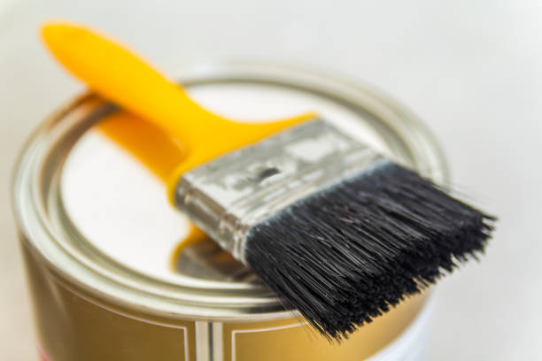 istock House renovation. Can with paint and a brush tool on concrete background 922085538