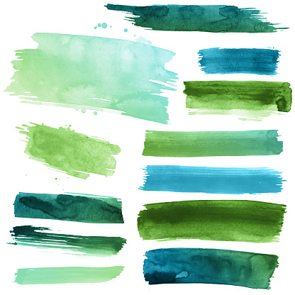Green and blue paint strokes on a white background