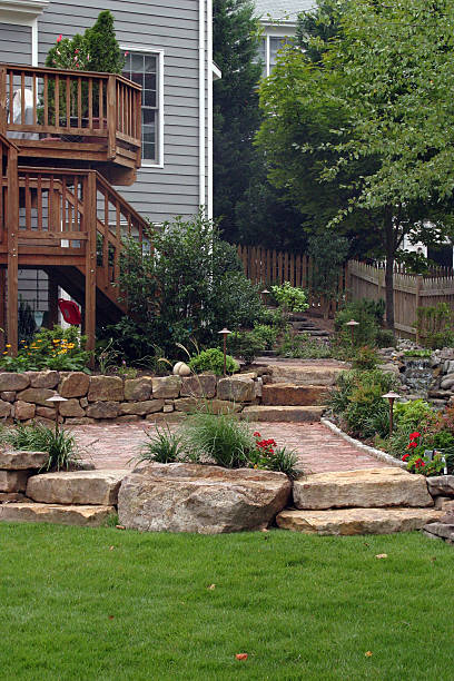 istock Wooden Deck leading to Stone Garden & Patio 92209089