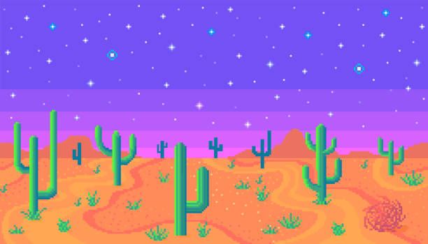 ilustrações de stock, clip art, desenhos animados e ícones de pixel art desert at night. - bit