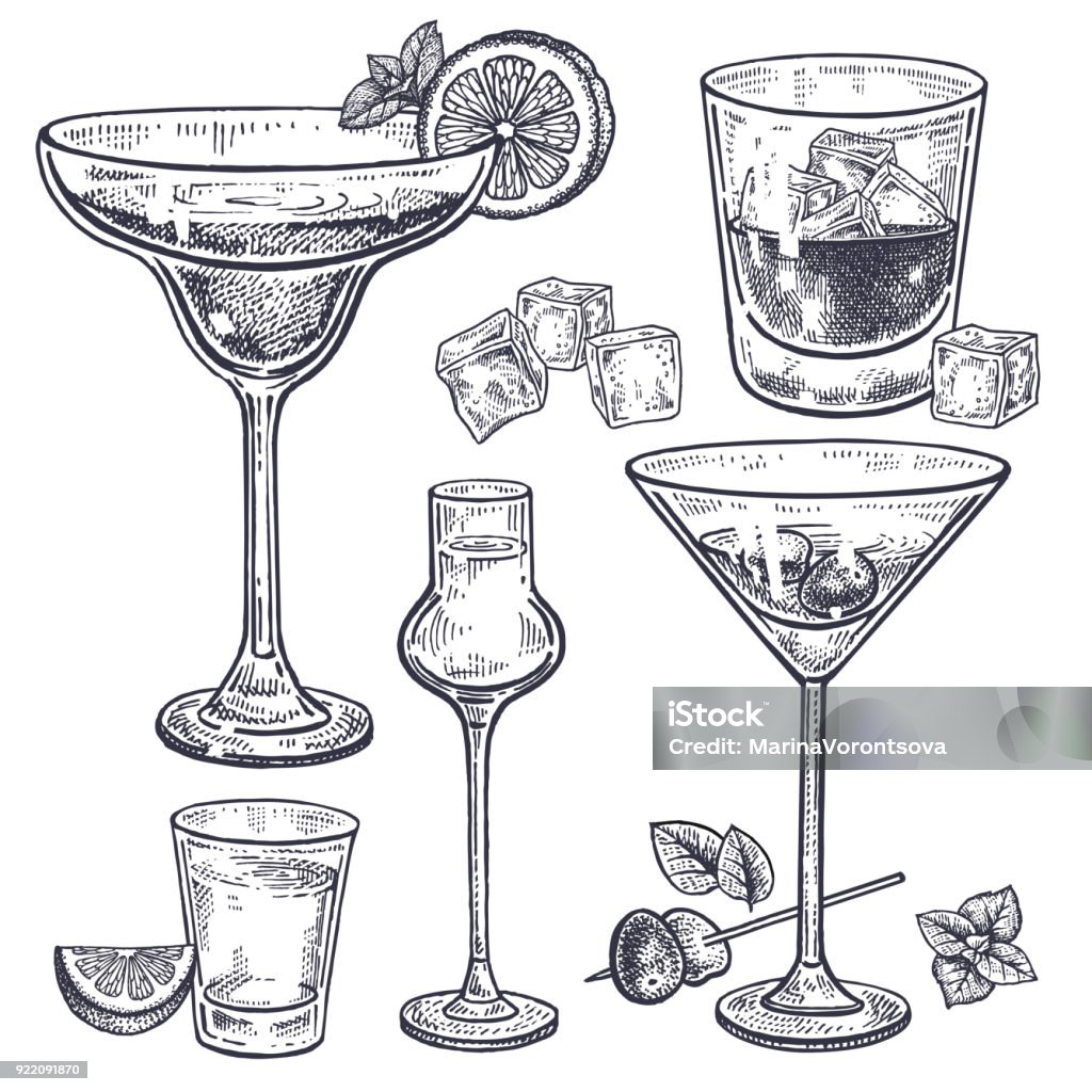 Conjunto de bebidas alcohólicas. - arte vectorial de Cóctel - Bebida alcohólica libre de derechos