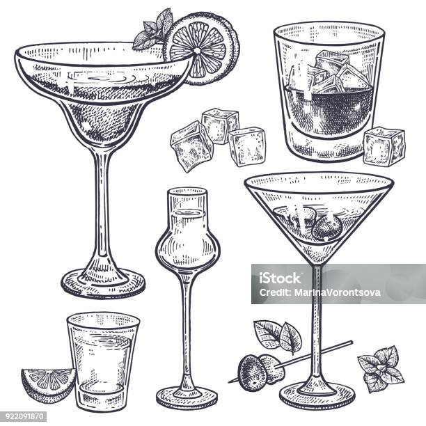 Set Di Bevande Alcoliche - Immagini vettoriali stock e altre immagini di Cocktail - Cocktail, Illustrazione, Alchol
