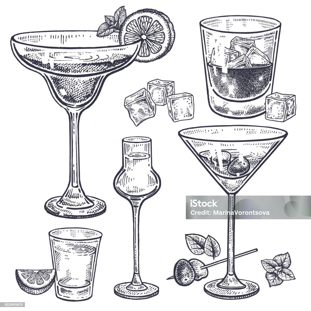 Alcoholic drinks set. Alcoholic drinks set. Margarita; whiskey; tequila; vodka and vermouth in glasses; ice; olives; mint; lemon. Isolated on white background. Black and white. Vintage. Hand drawing. Vector illustration. Cocktail stock vector