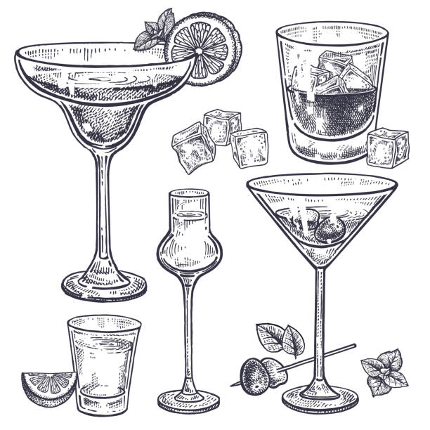 Alcoholic drinks set. Alcoholic drinks set. Margarita; whiskey; tequila; vodka and vermouth in glasses; ice; olives; mint; lemon. Isolated on white background. Black and white. Vintage. Hand drawing. Vector illustration. drink illustrations stock illustrations
