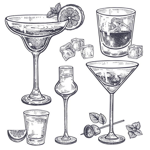 Alcoholic drinks set. Alcoholic drinks set. Margarita; whiskey; tequila; vodka and vermouth in glasses; ice; olives; mint; lemon. Isolated on white background. Black and white. Vintage. Hand drawing. Vector illustration. alcoholism stock illustrations