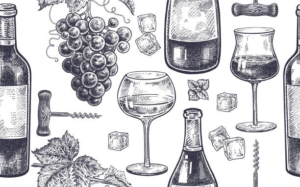 Seamless vector pattern of wine drinking. Bottles, berries of grapes, glasses with white and red wine, ice, mint, corkscrew. Black and white. Vector illustration art. Vintage engraving. Hand drawing.