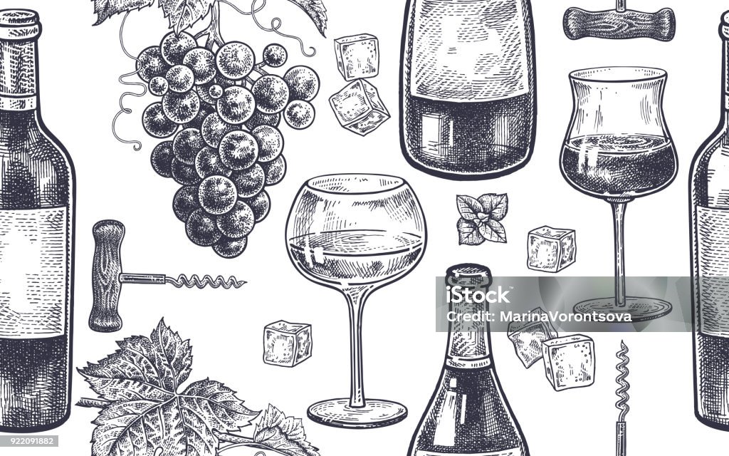 Seamless pattern with wine drinking. Seamless vector pattern of wine drinking. Bottles, berries of grapes, glasses with white and red wine, ice, mint, corkscrew. Black and white. Vector illustration art. Vintage engraving. Hand drawing. Wine stock vector