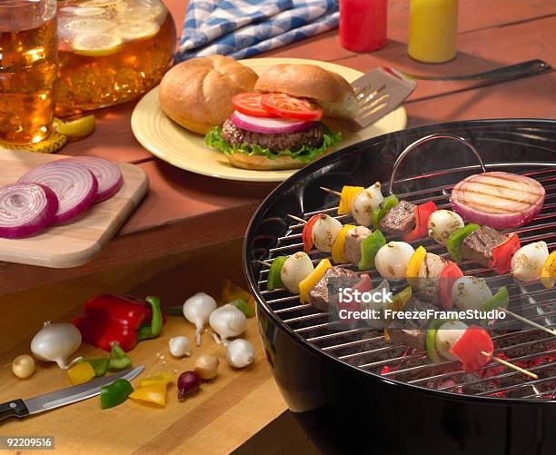 Summer Backyard Bbq With Burgers Kabobs Stock Photo - Download Image Now - Barbecue Grill, Tailgate Party, Food