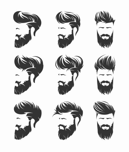 ilustrações de stock, clip art, desenhos animados e ícones de mens hairstyles and hirecut with beard mustache in face, full face and profile - costume mustache child disguise