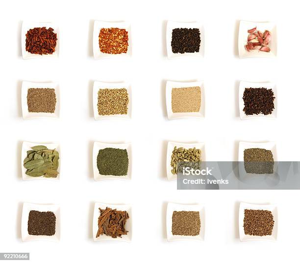 Various Kinds Of Spices In Sixteen White Square Bowls Stock Photo - Download Image Now