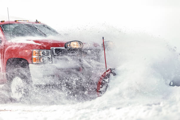 Chevrolet Pick-up Truck Plowing Fresh Snow stock photo