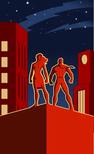 Vector illustration of Vector Retro Propaganda Superhero Worker Illustration