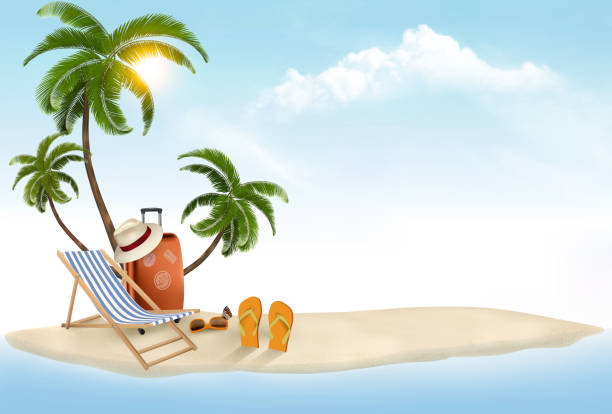 istock Tropical seaside with palms, a beach chair and a suitcase. 922117732