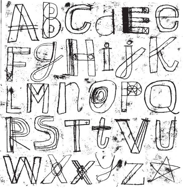 нарисованная вручную буква алфавита, установленная с эффектом гранжа - pencil drawing alphabet capital letter text stock illustrations