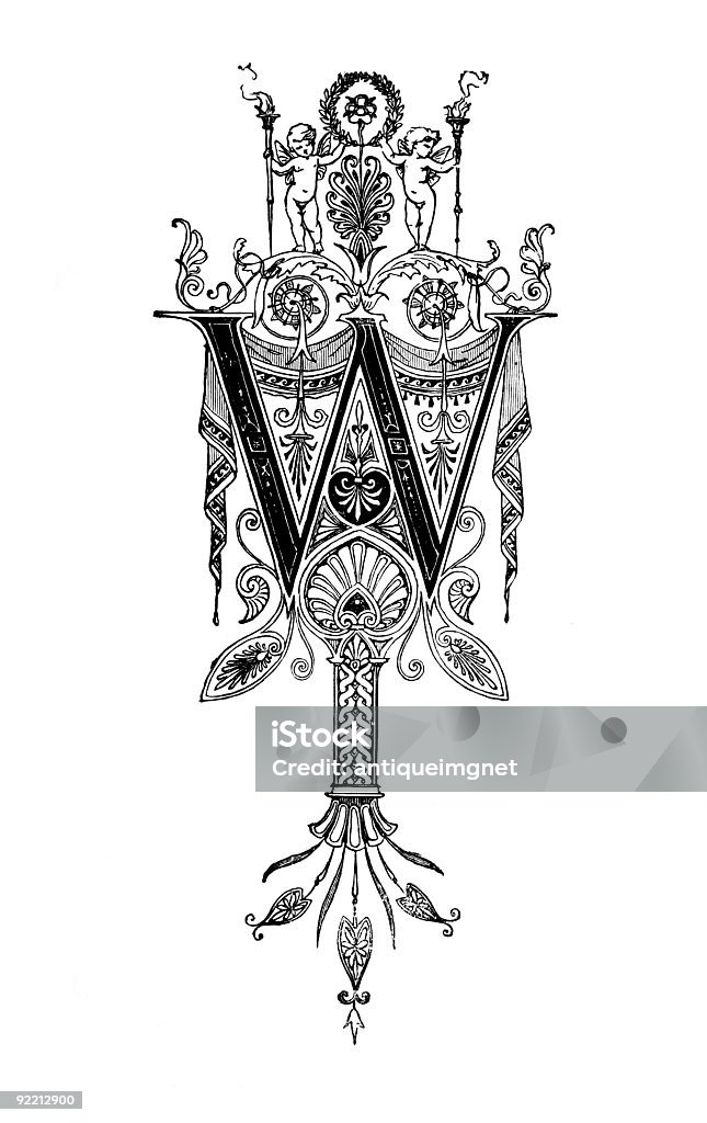 Romanesque Neoclassical design depicting the letter W Letter W stock illustration