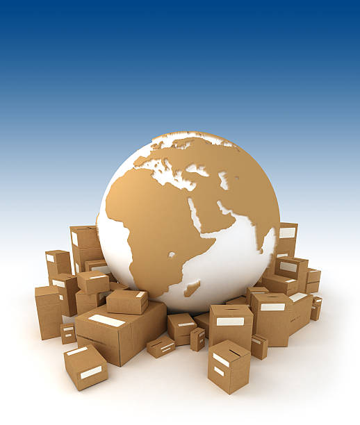 istock World globe surrounded by packages and oriented to Africa 92216905