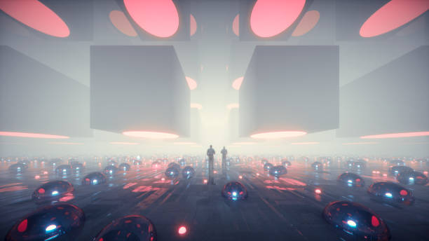istock Futuristic office environment with businessmen talking 922173784